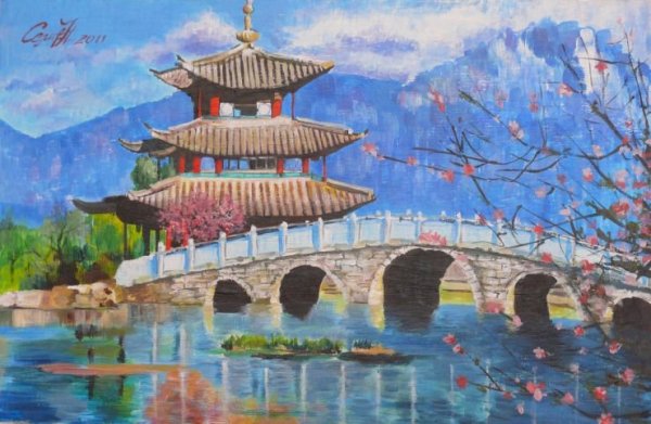 Пейзаж Китая гуашью