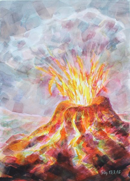 Извержение вулкана акварелью