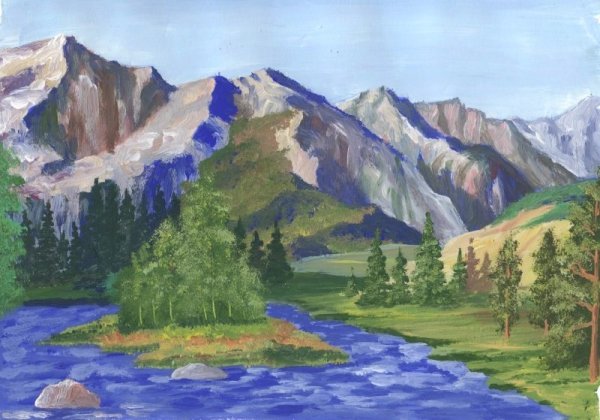 Пейзаж горы гуашью