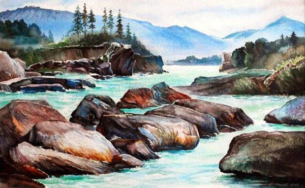 Река Катунь акварель