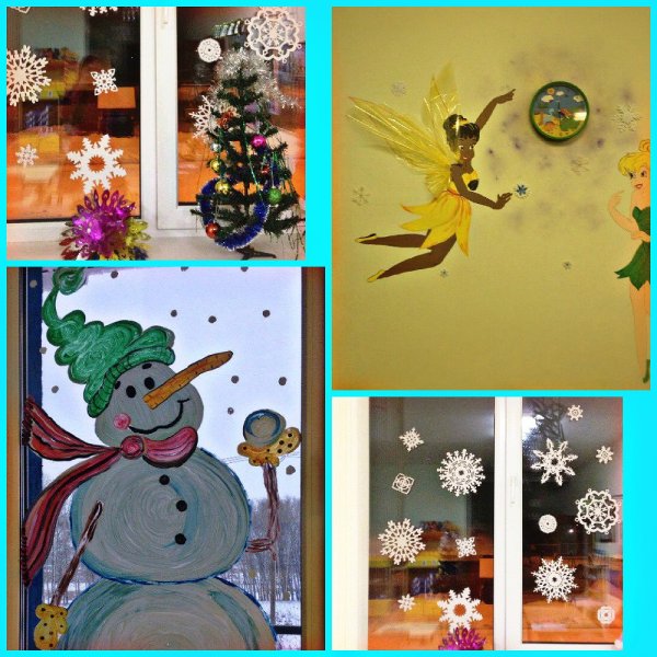 Новогодние снежинки на окнах гуашью