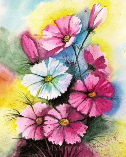 Рисование красками космеи