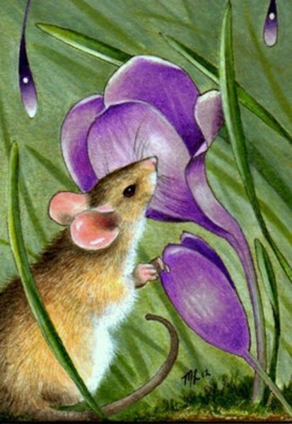 Мышонок с цветами акварель