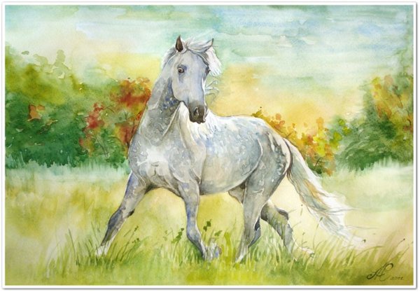 Пейзаж с лошадьми акварелью