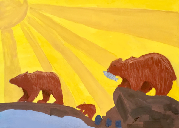 Бурый медведь гуашью
