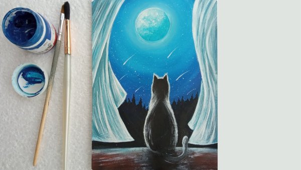 Кот и Луна гуашь