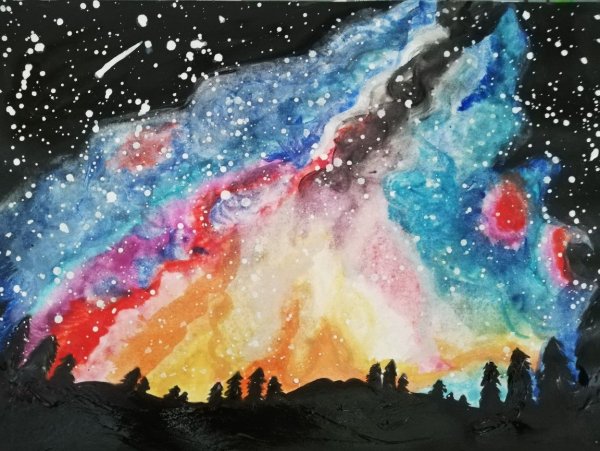 Космос и горы акварелью