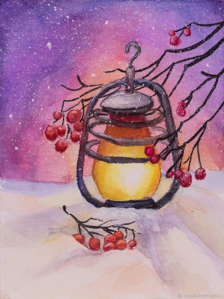 Зимний фонарик акварелью