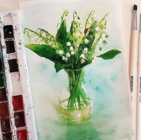 Акварель Ландыши в вазе