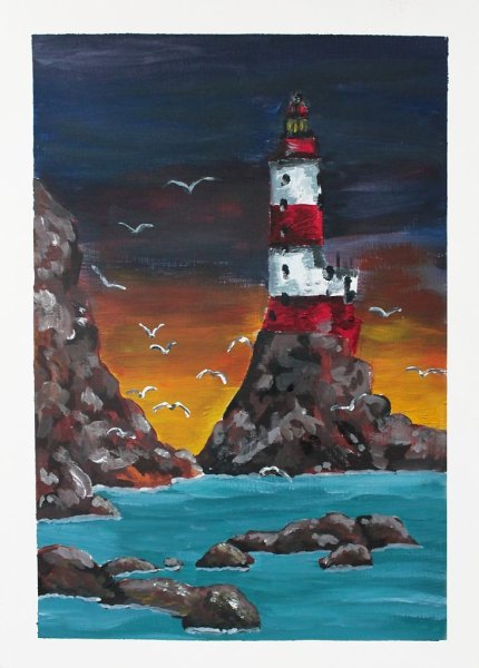 Море гуашь Маяк