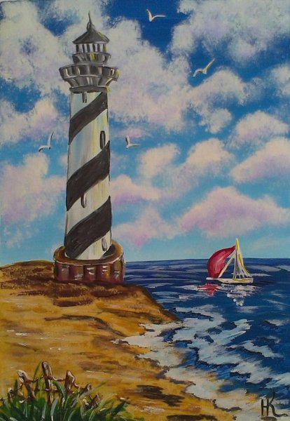 Пейзаж с маяком гуашью