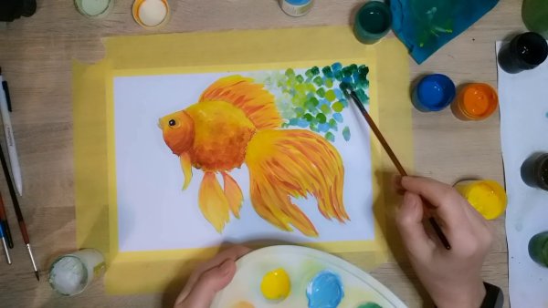 Золотая рыбка гуашью