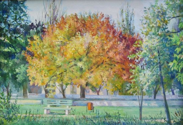 Осень в парке акварель