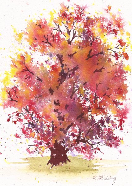 Осеннее дерево акварелью