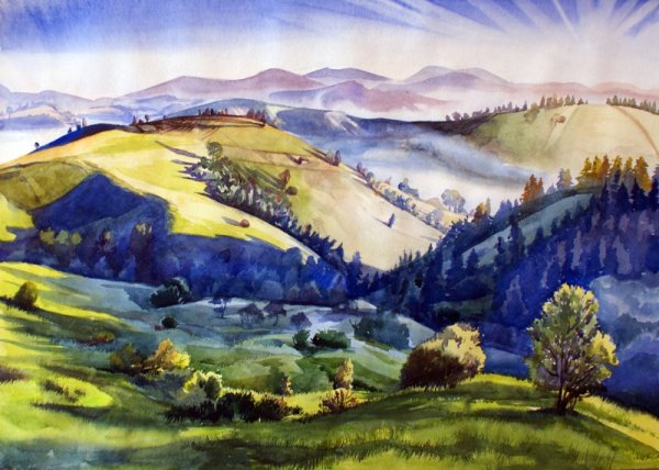 Пейзаж холмы акварелью