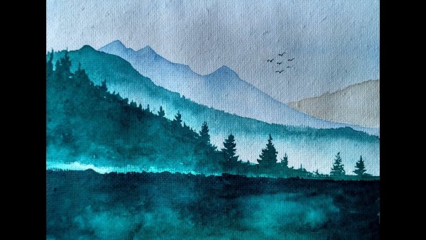 Пейзаж одним цветом акварель