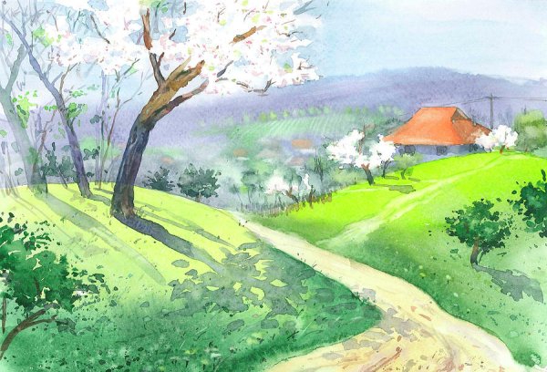 Весенний пейзаж акварелью легкий