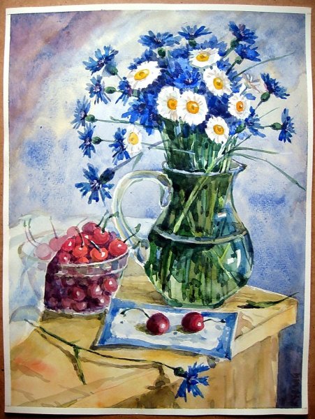 Натюрморт с ромашками и васильками