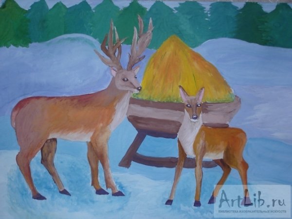 Олень гуашью для детей