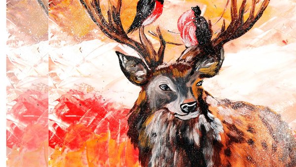 Зима олень гуашь