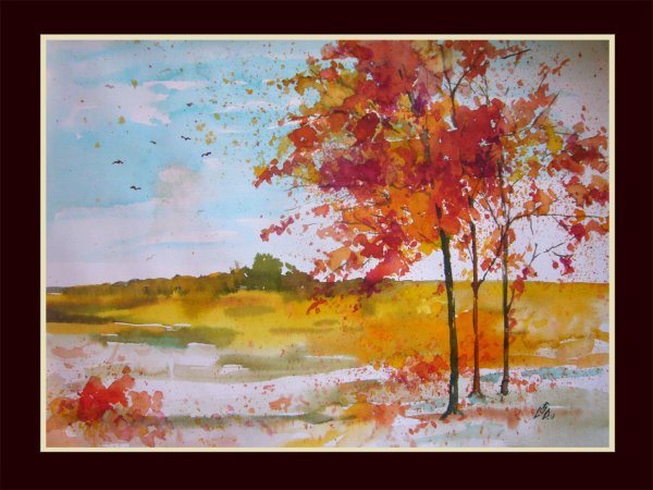 Осенний пейзаж акварелью для детей