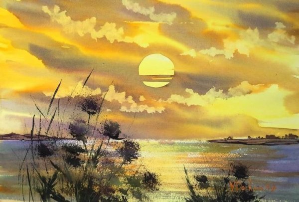 Морской пейзаж цветными карандашами