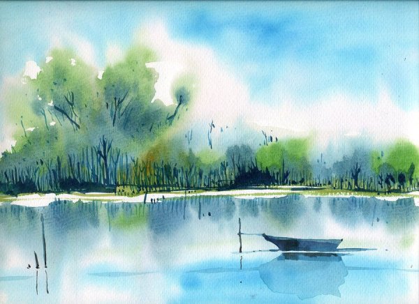 Этюд пейзажа с отражением в воде