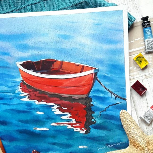 Лодки на море гуашь