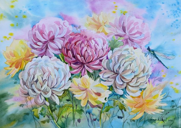 Хризантема рисование акварелью