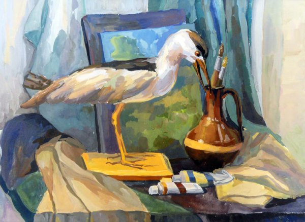 Натюрморт с чучелом птицы живопись ДХШ