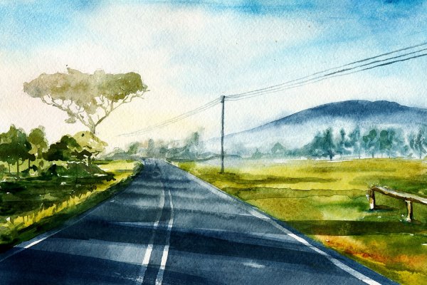Пейзаж дорога акварель