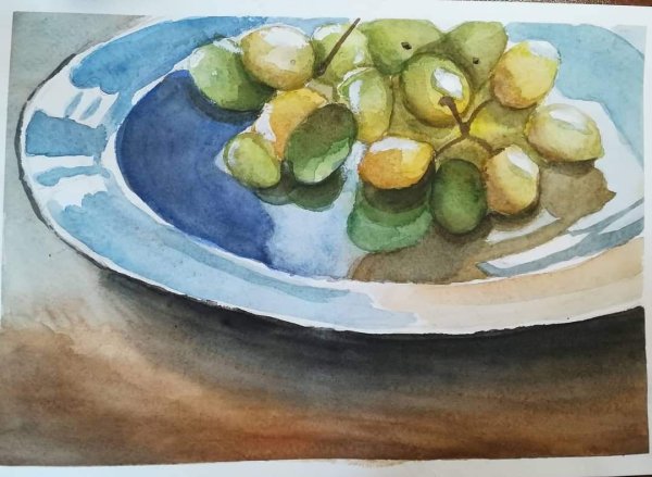 Фрукты на тарелке натюрморт акварелью