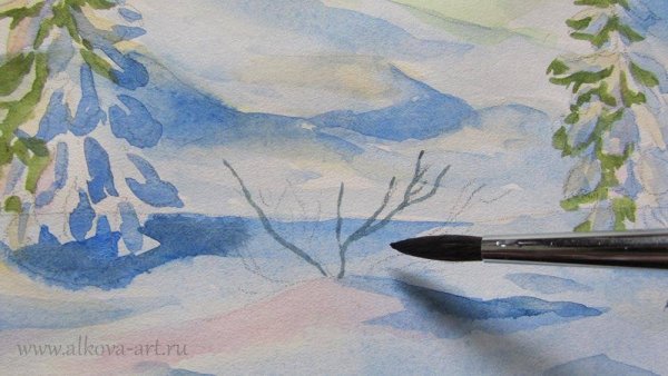 Зимний пейзаж акварельными карандашами
