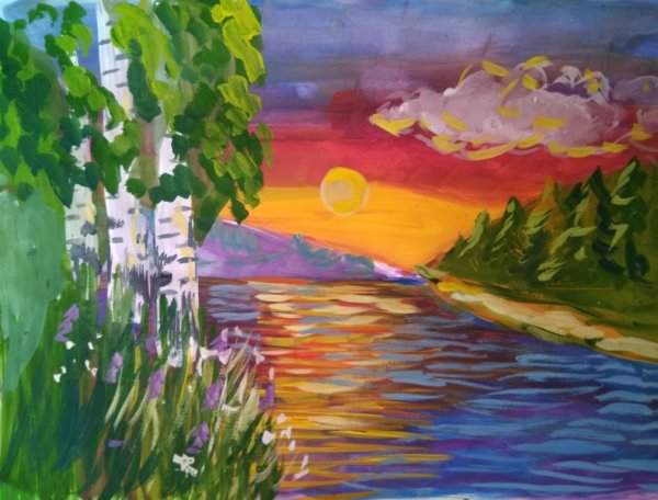 Пейзаж с рекой гуашью