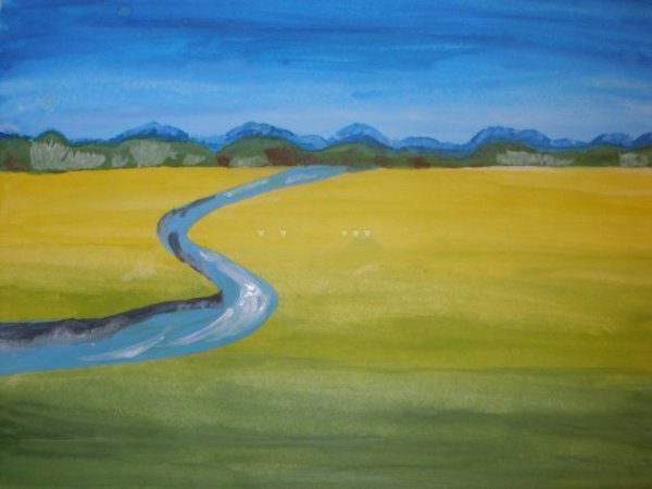 Пейзаж детский гуашью река