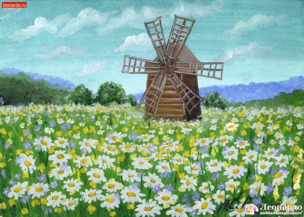 Пейзаж с мельницей гуашью