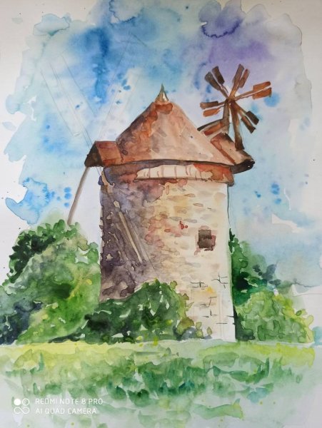 Мельница акварель
