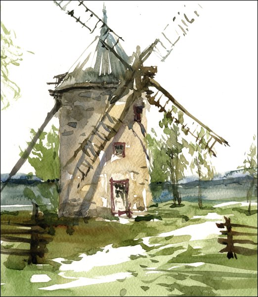 Пейзаж с мельницей акварелью