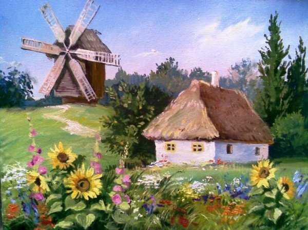 Иллюстрация,украинская хата,Мальва,деревня