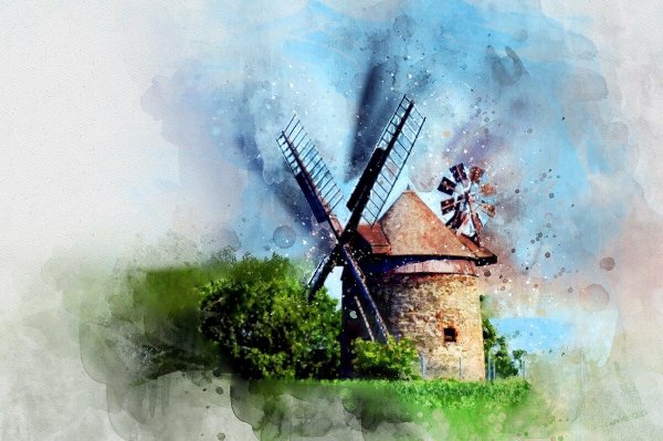 Ветряная мельница акварель