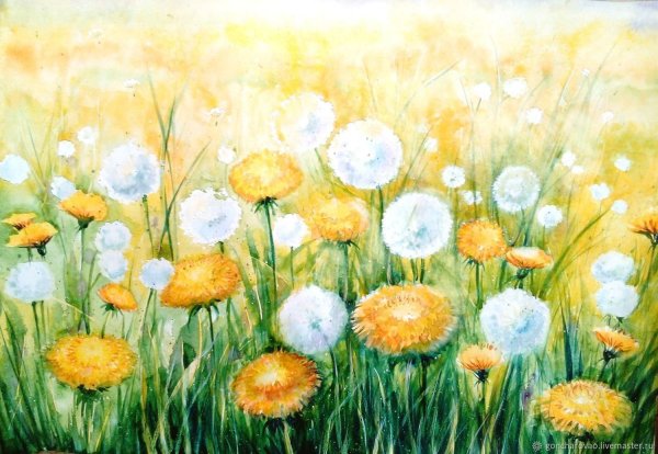Одуванчиковое поле акварелью