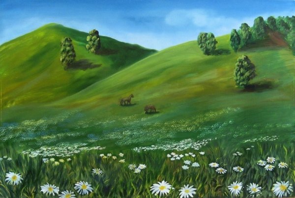 Холмы и поля нарисовать гуашью
