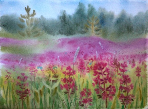 Поле с цветами акварельными красками