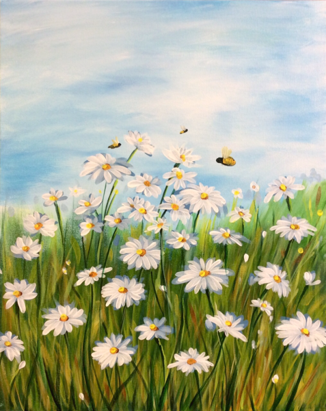Пейзаж с ромашками гуашью