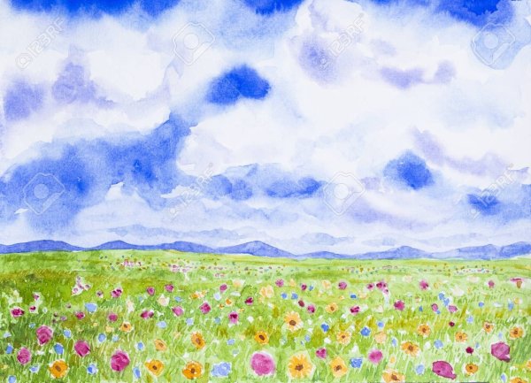 Поляна цветов акварель