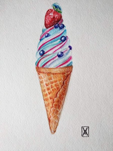 Рожок мороженого акварелью