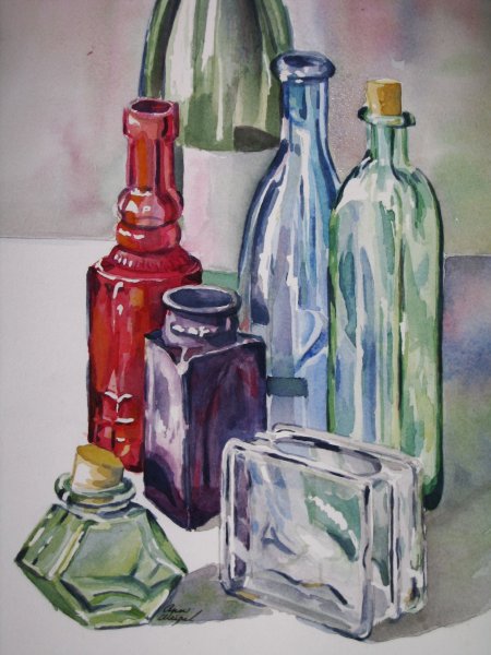 Стеклянная бутылка акварелью