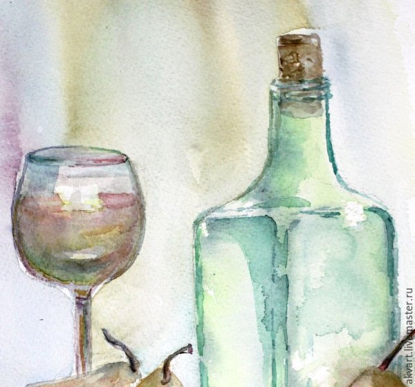 Натюрморт с бутылкой акварелью