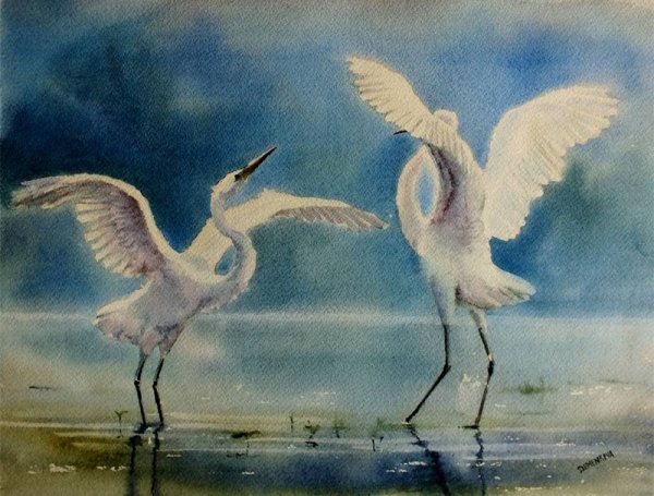 Цапля болото рассвет живопись