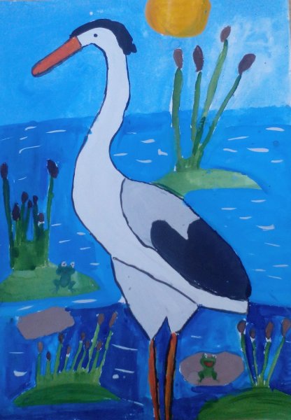Цапля акварель